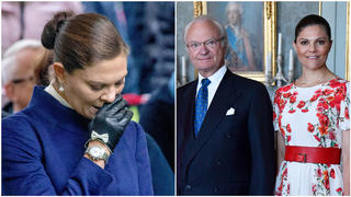 Collage aus 2 Bildern: Links weint Prinzessin Victoria, rechts posieren König Carl Gustaf und Prinzessin Victoria für ein Fot.