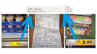 Preisschilder in einem Supermarkt und ein Kassenzettel