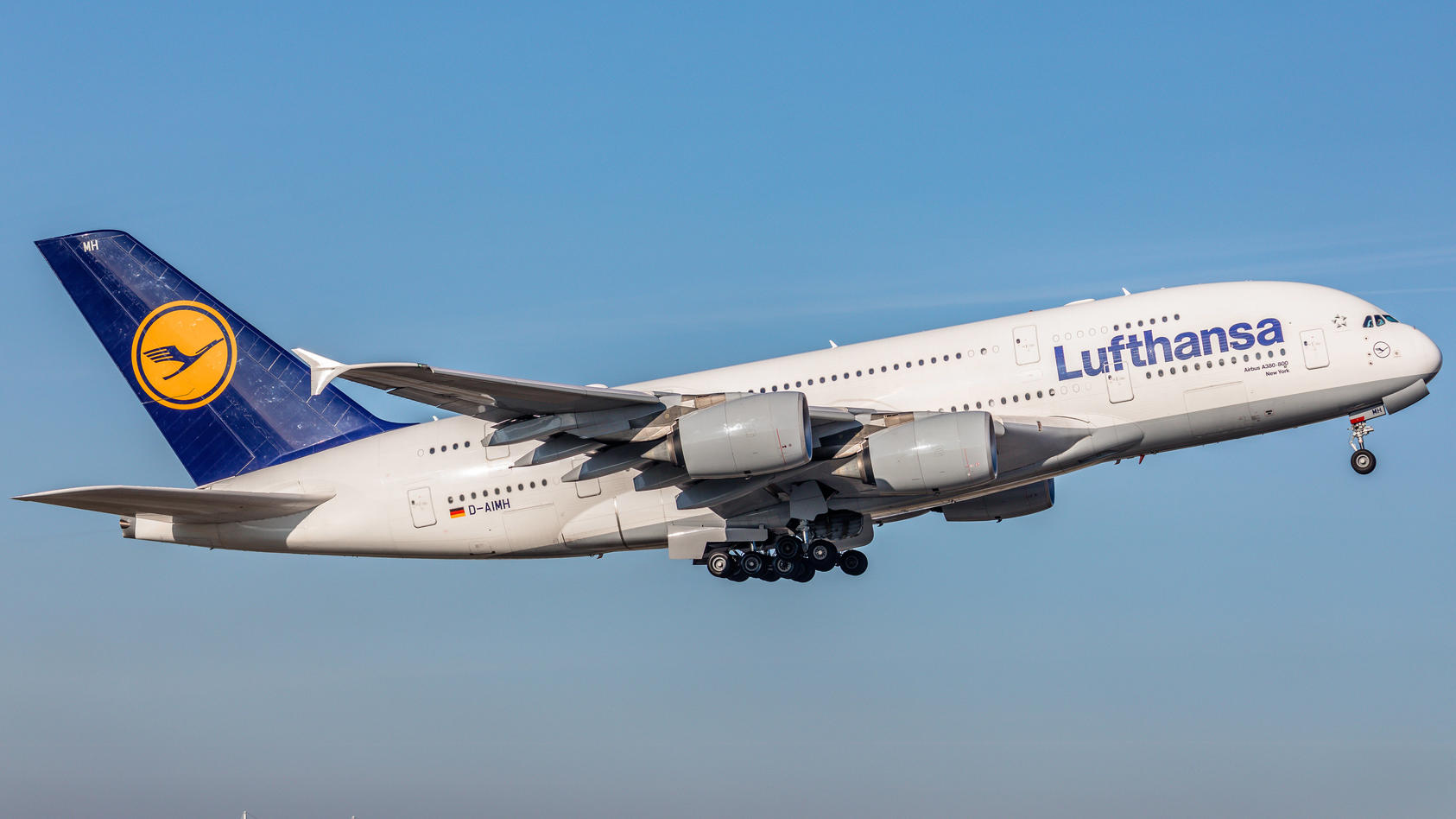  Munich, Germany - December 12, 2019: An Airbus A380-841 from Lufthansa takes off from Munich Airport. The aircraft with registration D-AIMH has been in service for the German airline since July 2011. Luftverkehr 