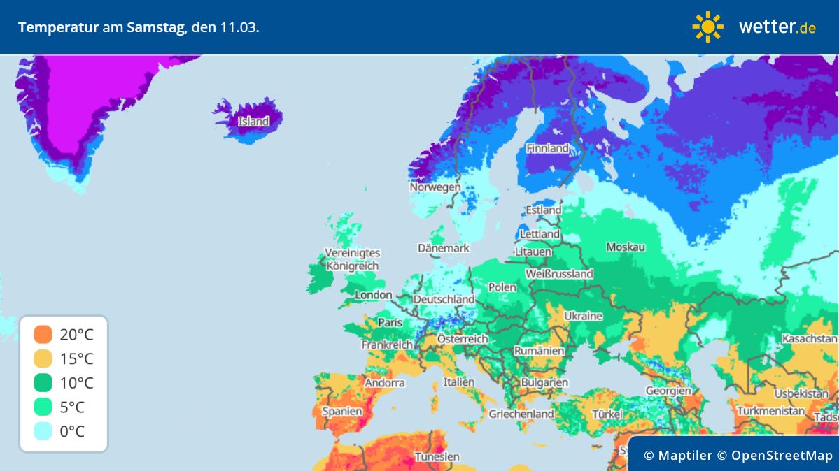 Die Grafik zeigt die Höchstwerte in Europa am Samstag, 11.03.2023