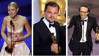 Gwyneth Paltrow, Leonardo DiCaprio und Roberto Benigni mit ihren Oscars