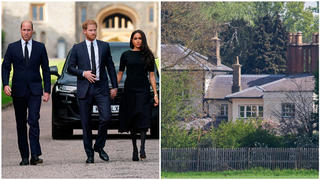 Collage, v.l.: Prinz William, Prinz Harry & Herzogin Meghan laufen nebeneinander her und schauen ernst; Foto von Frogmore Cottage
