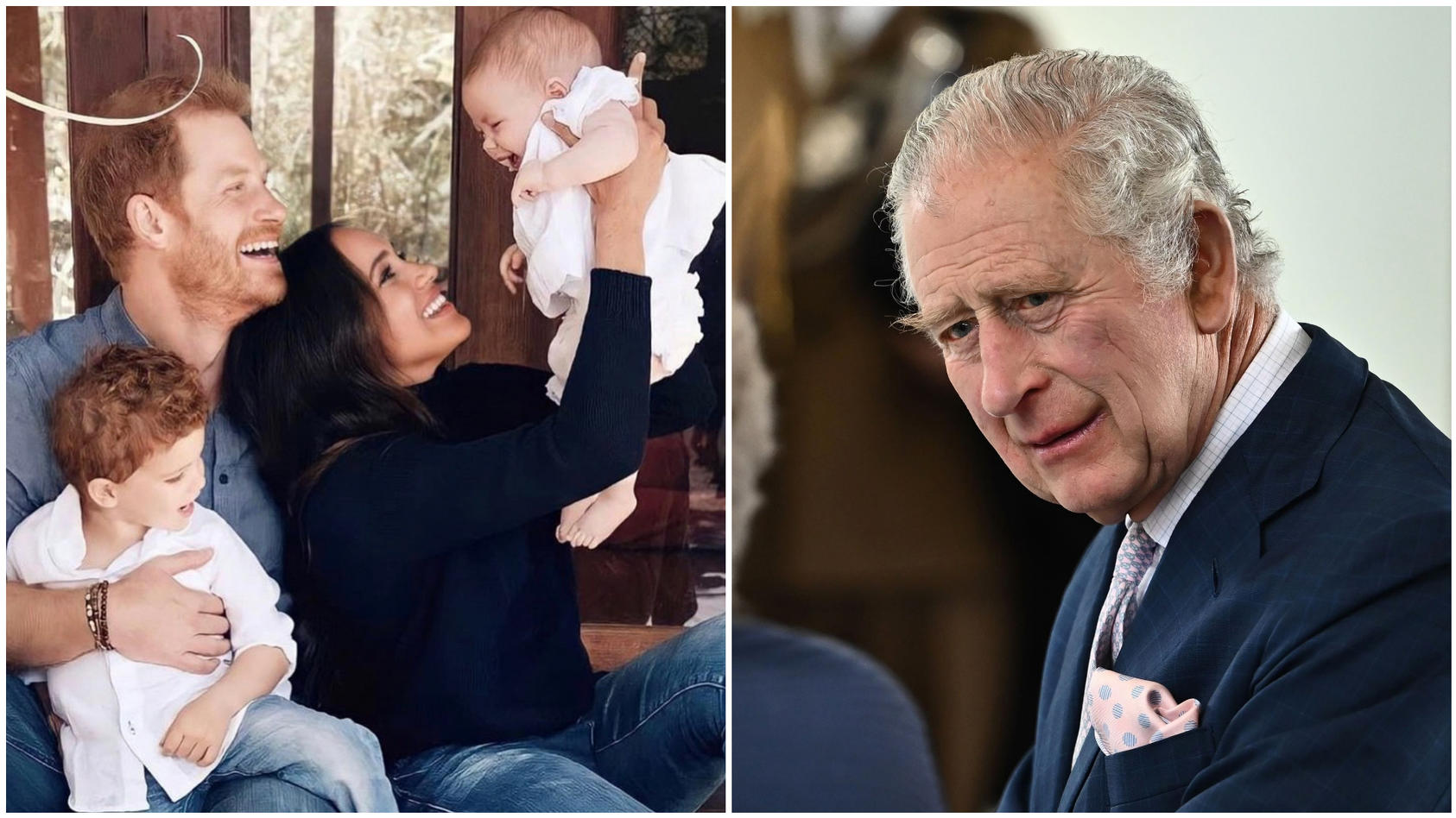 Collage, v.l.: Familienfoto der Sussexes, auf dem Harry Archie im Arm hält und Meghan Lilibet in die Luft hält. Bild rechts zeigt König Charles.