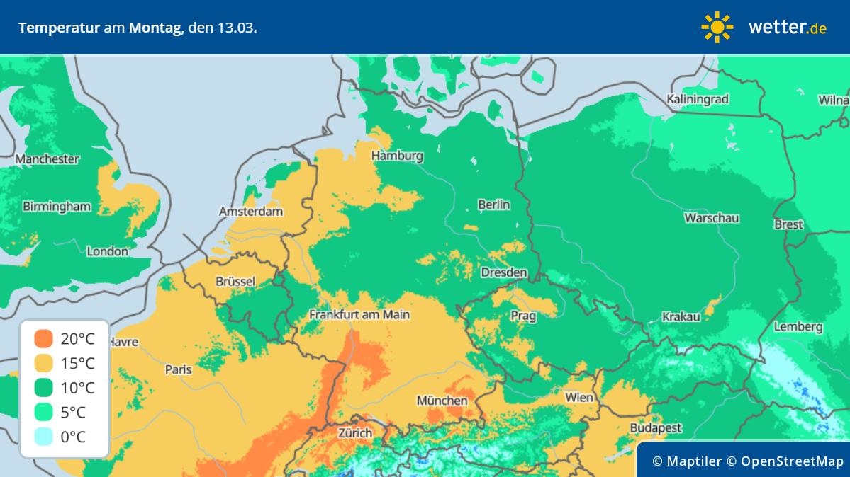 Temperaturen am Montag, 13. März, in Deutschland