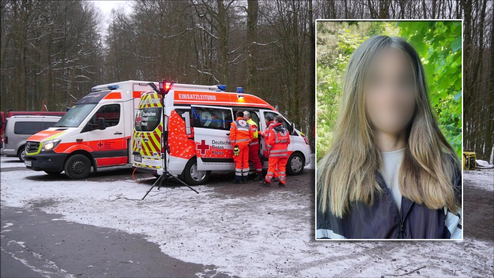 Einsatzkräfte in der Nähe des Fundsorts der Leiche, die am Samstagmittag in Freudingen gefunden wurde. / Verpixeltes Foto der vermissten Schülerin Luise F. (12)