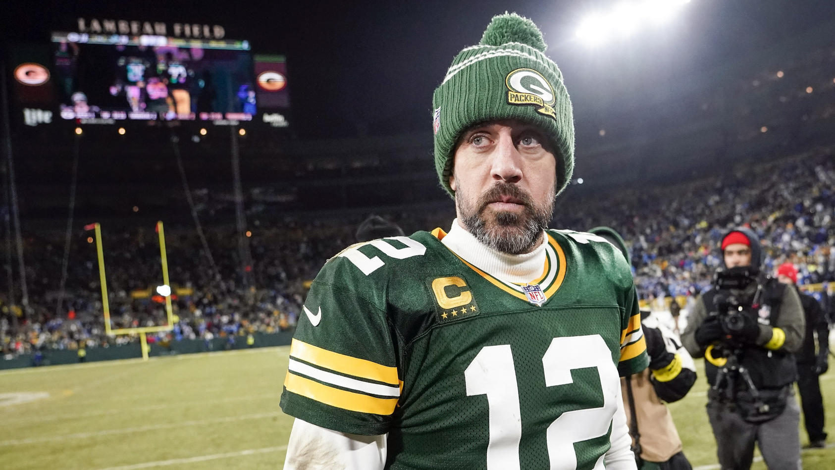 FILE - Green Bay Packers' Aaron Rodgers walks off the field after an NFL football game against the Detroit Lions, Sunday, Jan. 8, 2023, in Green Bay, Wis. Rodgers says he will make a decision on his future â€œsoon enoughâ€ as the four-time MVP quart