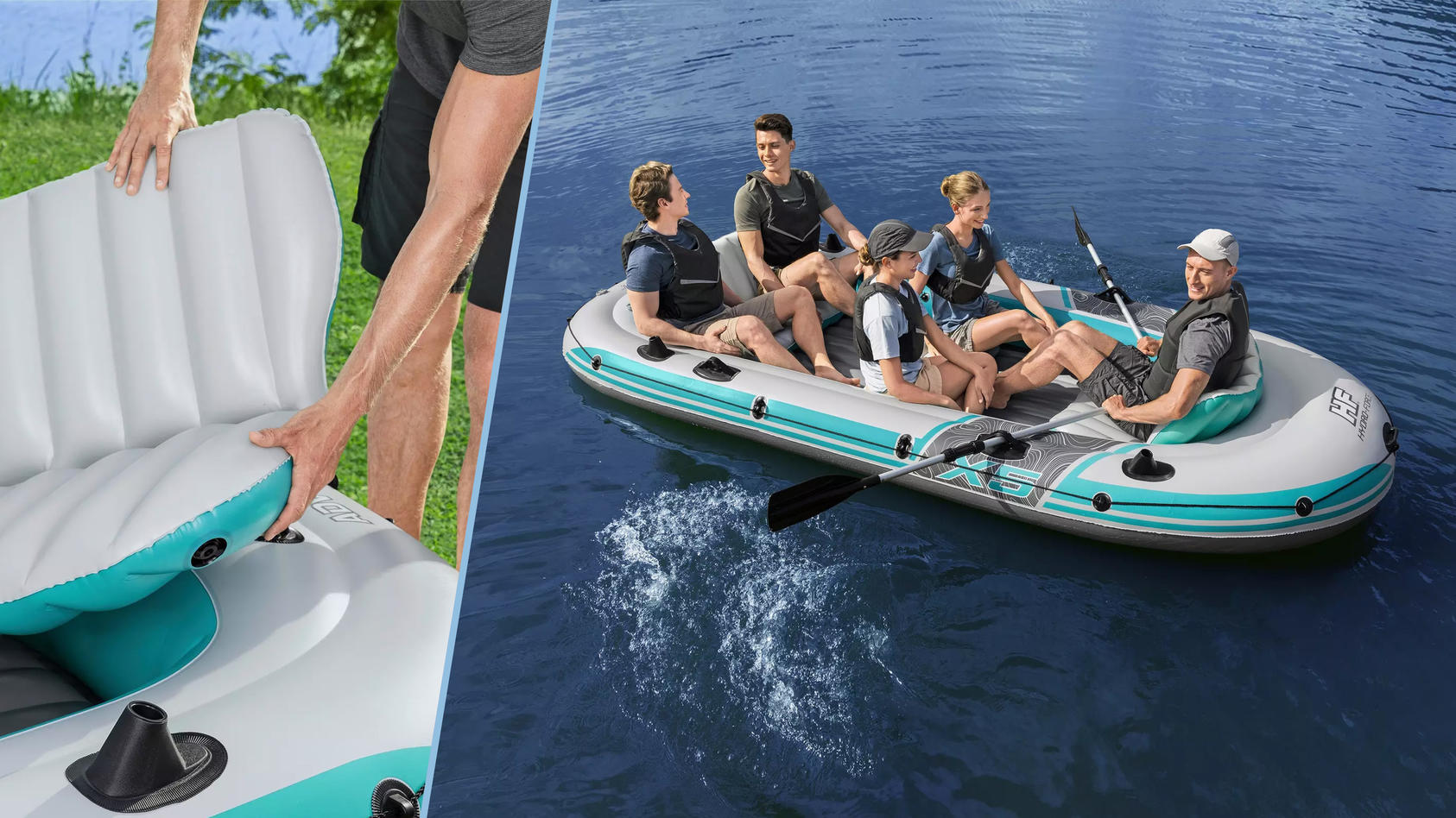 Schlauchboot mit Menschen im Wasser