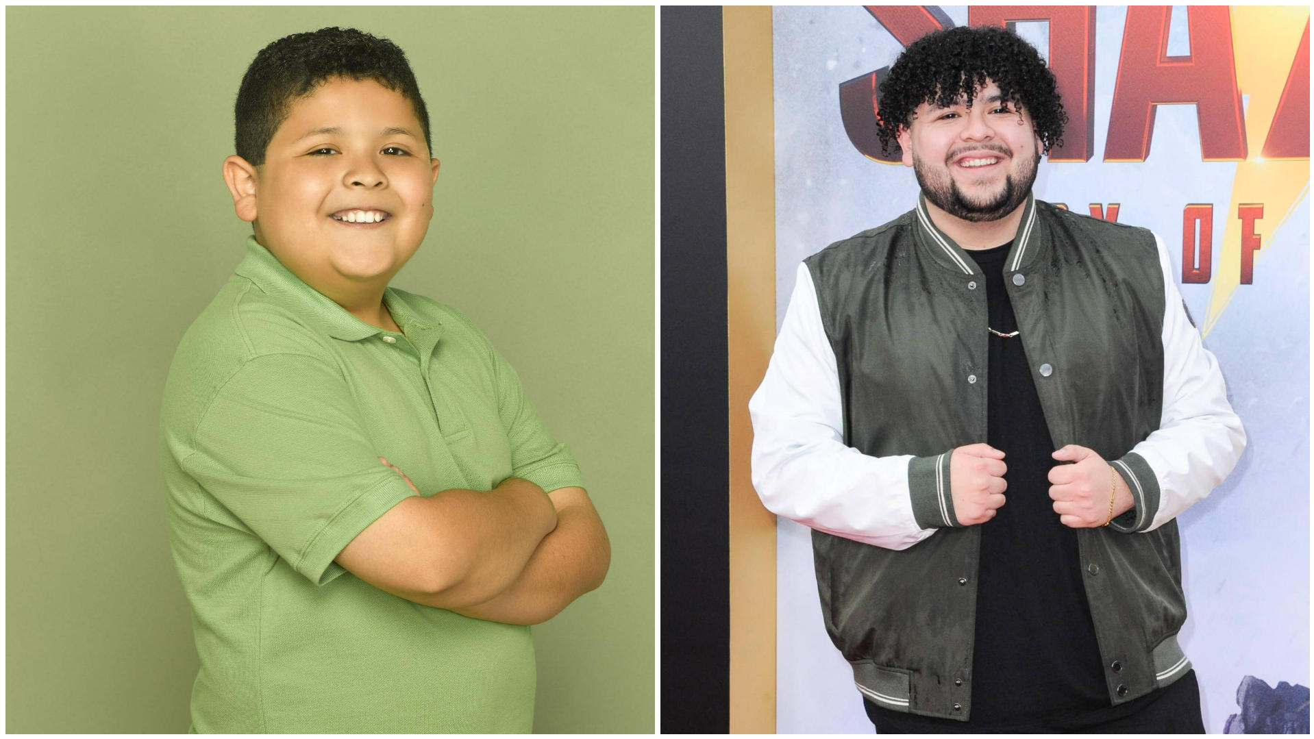 Collage, v.l.: Rico Rodriguez posiert als Manny aus "Modern Family" mit verschränkten Armen. Rico Rodriguez posiert im März 2023 auf einem roten Teppich in Los Angeles.
