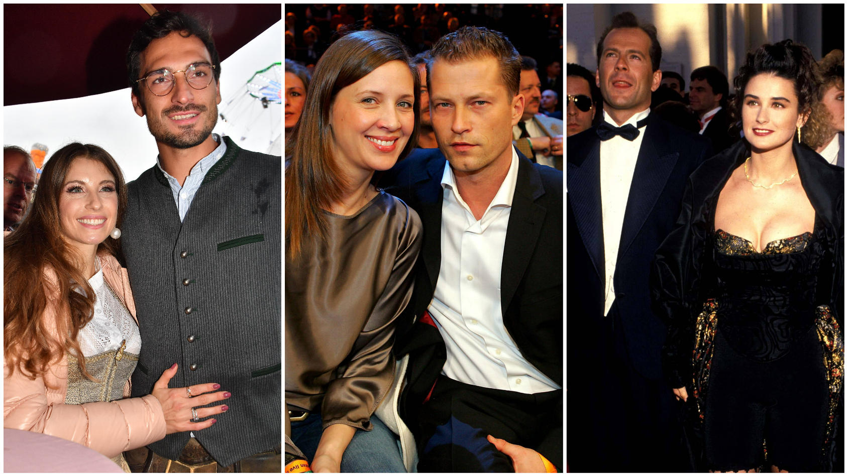 Collage aus 3 Bildern, v.l.: Cathy Hummels & Mats Hummels auf der Wiesn 2019, Dana Schweiger & Til Schweiger bei einem Boxkampf in Hamburg, Bruce Willis und Demi Moore 1989 auf einem roten Teppich.