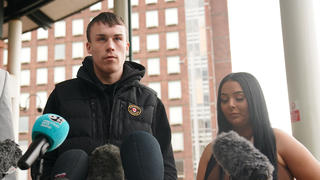 Eleanor Williams court case. Jordan Trengove (centre), who was accused of trafficking by Eleanor Williams, speaking to the media outside Preston Crown Court, Lancashire, where she was jailed for eight-and-a-half years for nine counts of perverting the course of justice after she claimed to have been the victim of an Asian grooming gang. Williams, 22, published pictures of her injuries and an account of being groomed, trafficked and beaten, on Facebook in May 2020, in a post which was shared more than 100,000 times. Picture date: Tuesday March 14, 2023. See PA story COURTS Williams. Photo credit should read: Peter Byrne/PA Wire URN:71373665