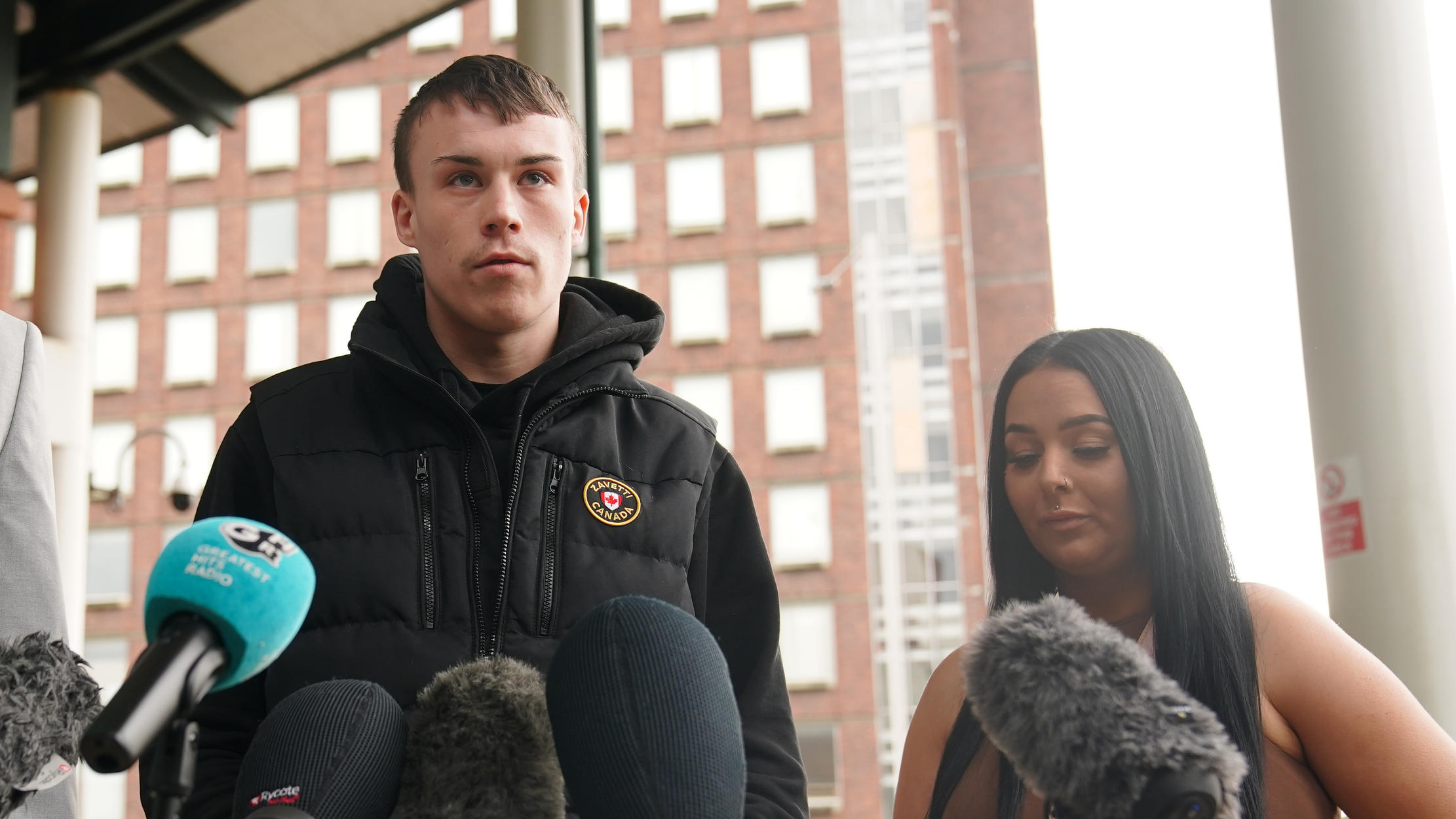 Eleanor Williams court case. Jordan Trengove (centre), who was accused of trafficking by Eleanor Williams, speaking to the media outside Preston Crown Court, Lancashire, where she was jailed for eight-and-a-half years for nine counts of perverting th