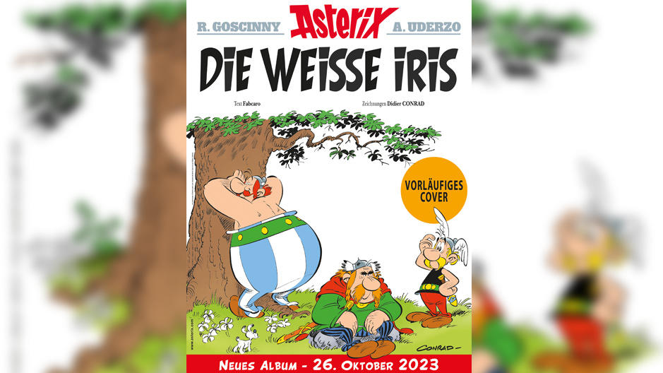 Asterix, Obelix und Majestix auf dem vorläufigen Cover von "Asterix - Die weiße Iris"