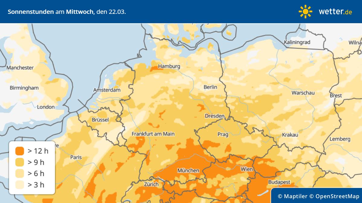 Die Grafik zeigt die Sonnenstunden am Mittwoch, 22.03.2023