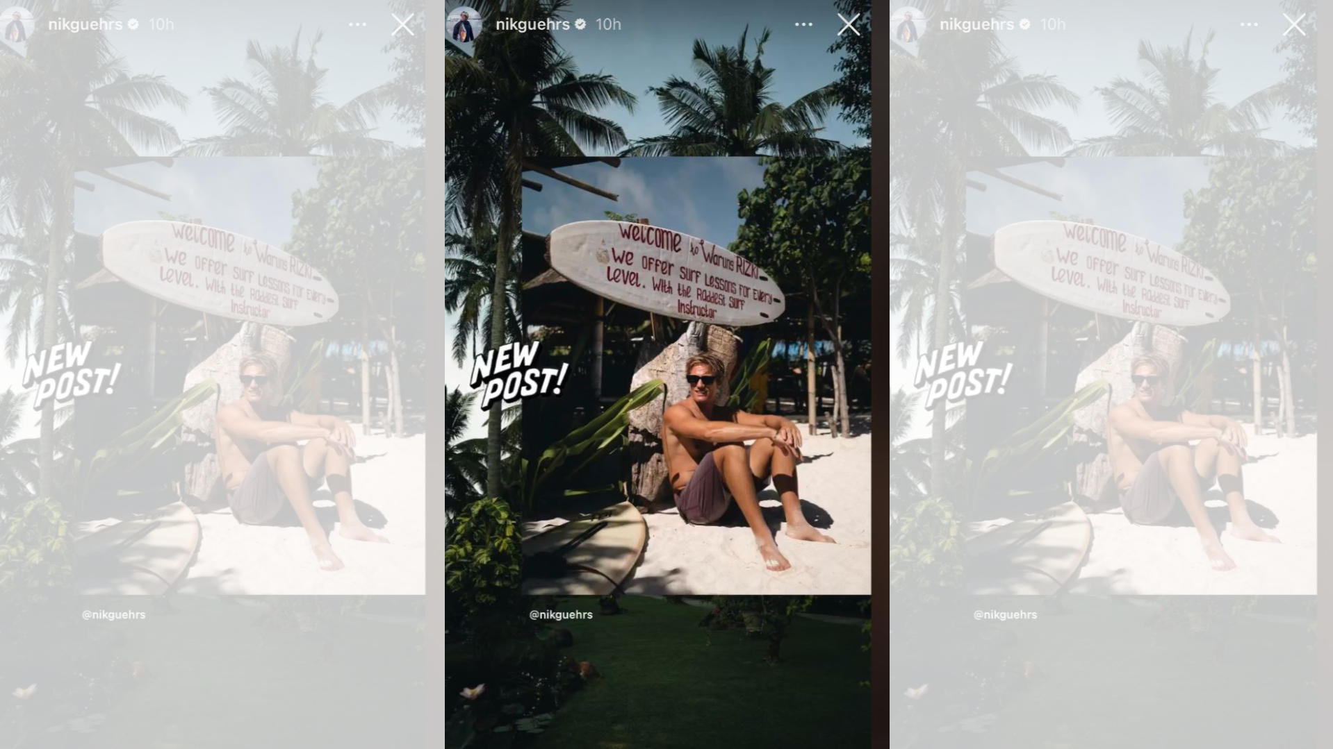 Dominik ist wie Valentina aktuell auf Bali unterwegs und trägt eine Badehose, die sich auch in der Instagram-Story der Schauspielerin zu sehen ist. 