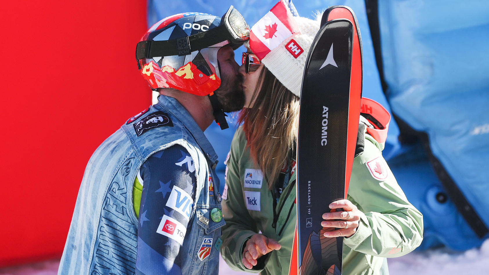 ANDORRA LA VELLA, ANDORRA - MARCH 15: Travis Ganong of the United States celebrates with his partner Marie-Michele Gagnon after competing in the Men's Downhill ahead of his retirement during the Audi FIS Alpine Ski World Cup Finals on March 15, 2023 