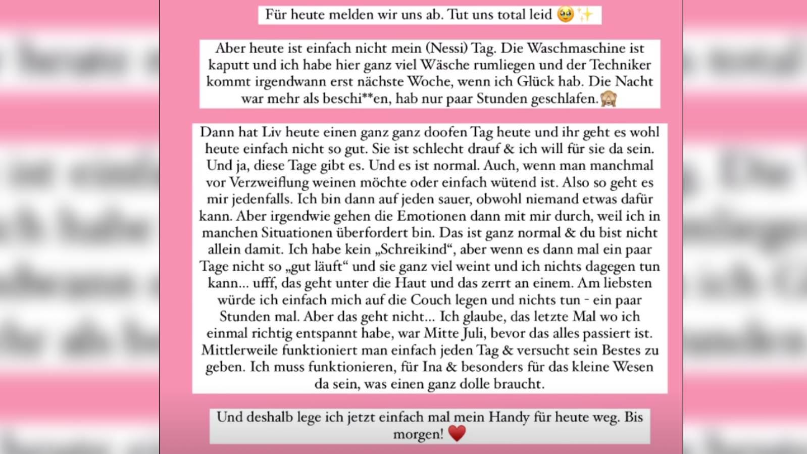 Mieser Tag für "Coupleontour"-Vanessa: Waschmaschine kaputt, die kleine Liv ist mies drauf und sie ist zuletzt im Juli vor Inas Schlaganfall zur Ruhe gekommen.