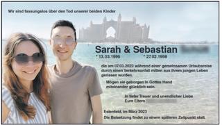 Die Traueranzeige der Eltern für Sebastian und Sarah