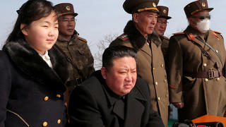 FILE PHOTO: North Korean leader Kim Jong Un and his daughter Kim Ju Ae watch a missile drill at an undisclosed location in this image released by North Korea's Central News Agency (KCNA) on March 20, 2023. KCNA via REUTERS    ATTENTION EDITORS - THIS IMAGE WAS PROVIDED BY A THIRD PARTY. REUTERS IS UNABLE TO INDEPENDENTLY VERIFY THIS IMAGE. NO THIRD PARTY SALES. SOUTH KOREA OUT. NO COMMERCIAL OR EDITORIAL SALES IN SOUTH KOREA. IMAGE PIXELLATED AT SOURCE/File Photo