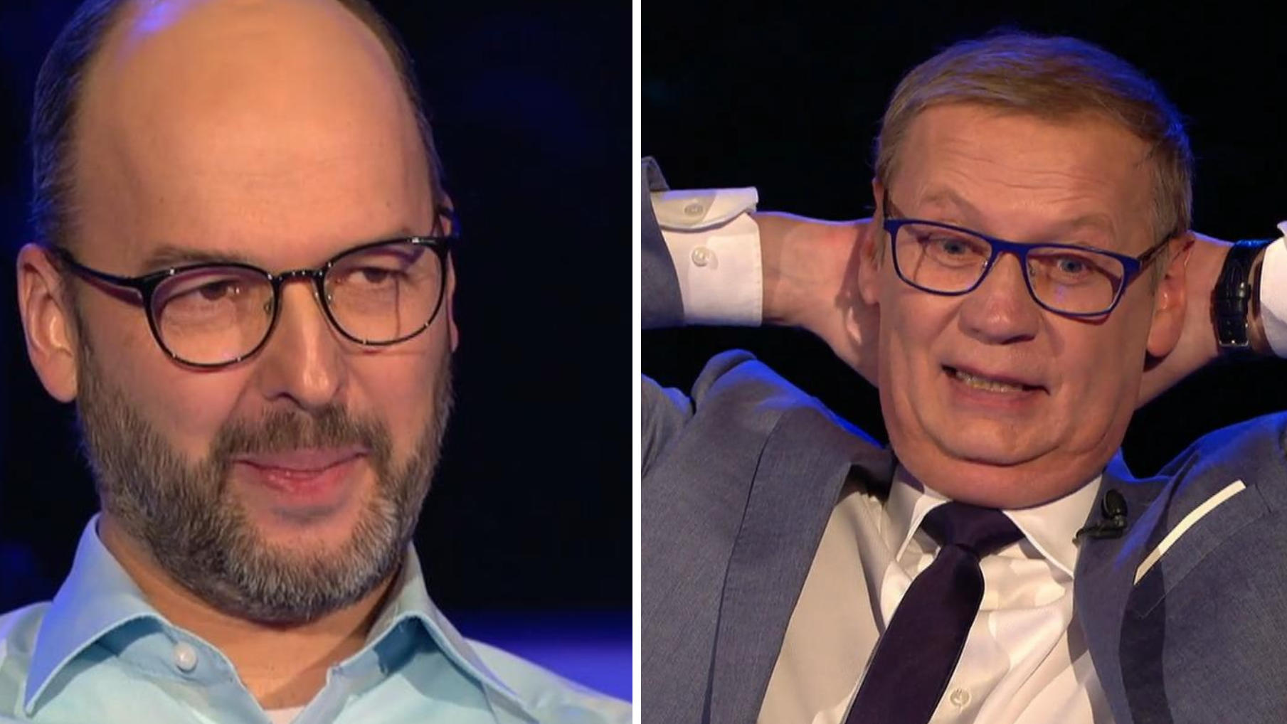 "Wer wird Millionär?"-Kandidat Stefan Schmidbauer wirkt leicht verunsichert: Moderator Günther Jauch kommt aus dem Lachen kaum noch heraus