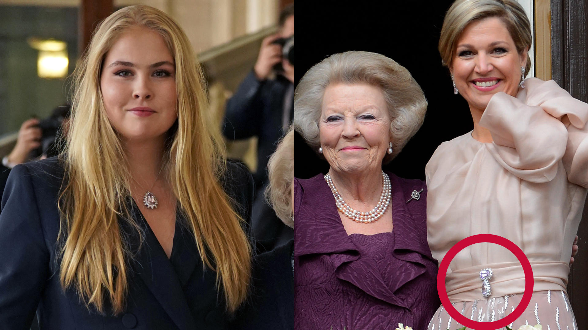 Kronprinzessin Amalia der Niederlande in London sowie Königin Máxima der Niederlande bei der Abdankung der ehemaligen Königin Beatrix im Jahr 2013.