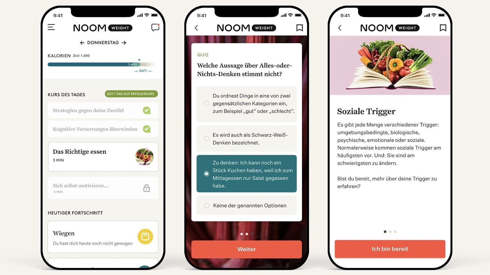 In der App bietet Noom unter anderem Rezepte, Artikel und Kontakt zu einem Coach.