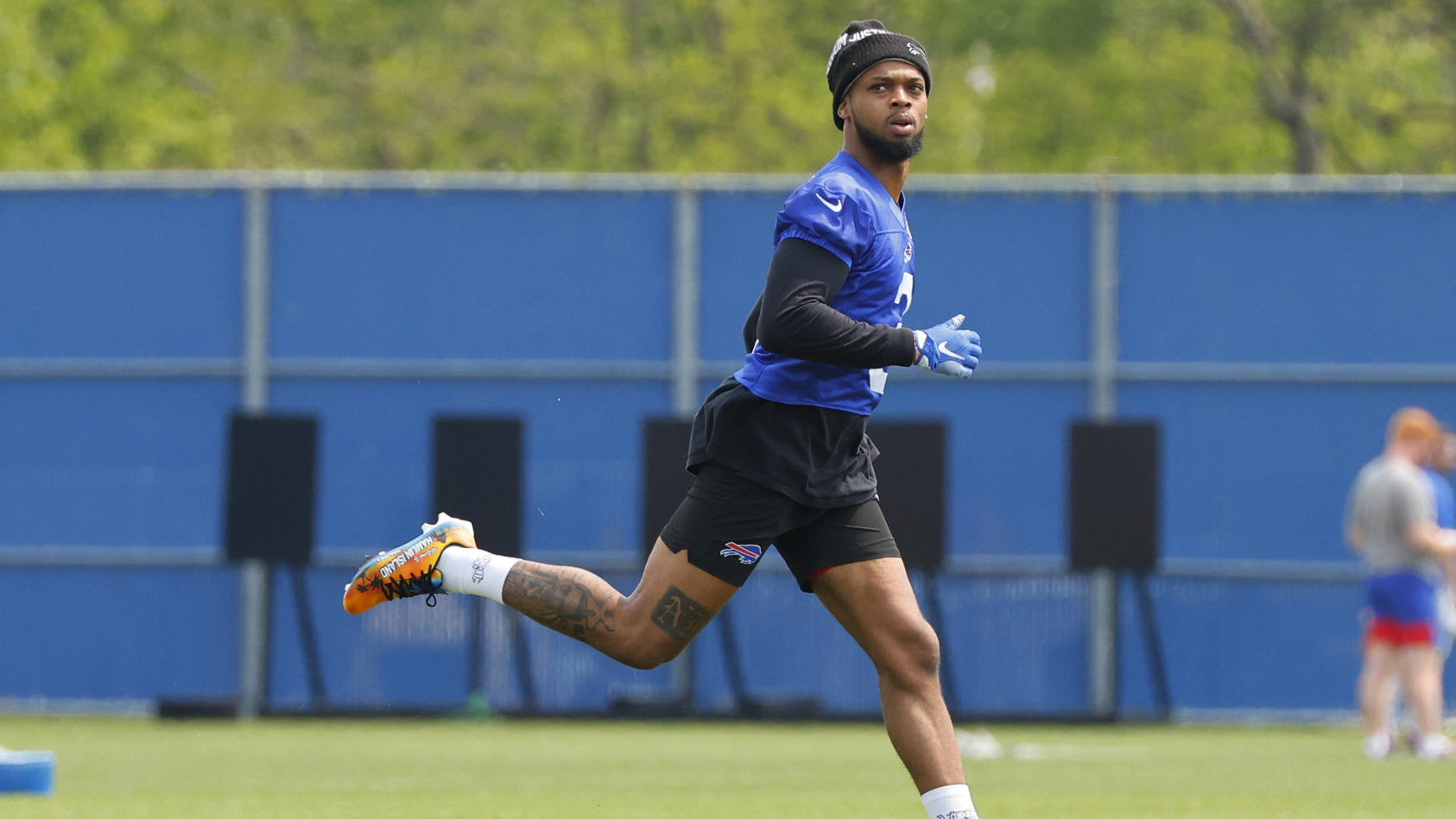 Buffalo Bills defensive back Damar Hamlin (3) works out during NFL football practice in Orchard Park, N.Y., Tuesday, May 23, 2023. (AP Photo/Jeffrey T. Barnes)