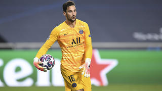FILE - PSG's goalkeeper Sergio Rico holds the ball during the Champions League semifinal soccer match between RB Leipzig and Paris Saint-Germain at the Luz stadium in Lisbon, Portugal, Tuesday, Aug. 18, 2020. Paris Saint-Germain goalkeeper Sergio Rico has been hospitalized with a head injury after a horse-riding accident in Spain.  (David Ramos/Pool Photo via AP, File)