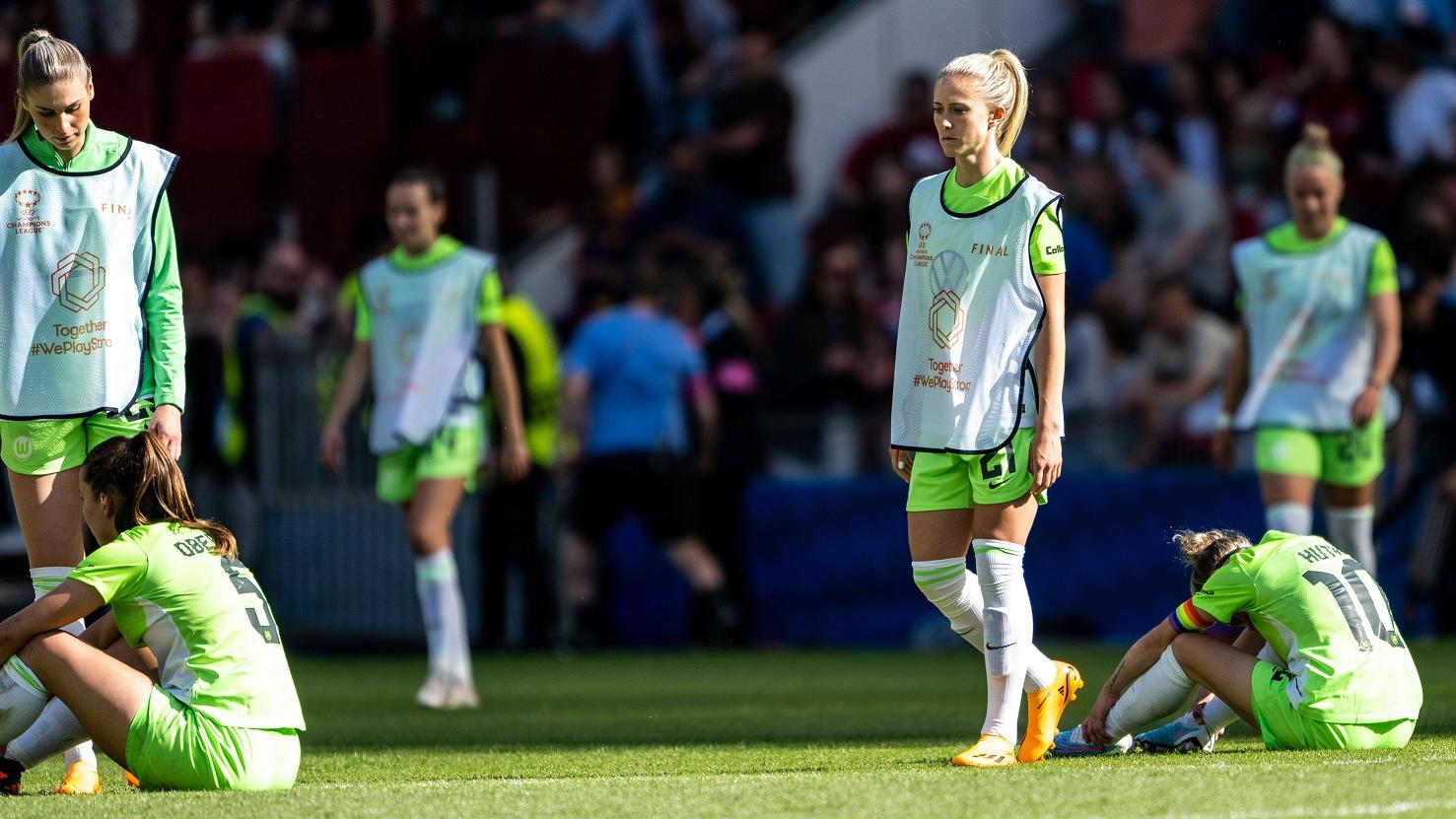 Rebecka Blomqvist of Wolfsburg looks dejected after losing the UEFA Women s Champions League final match between Barcelona and Wolfsburg on June 3, 2023 in Eindhoven.