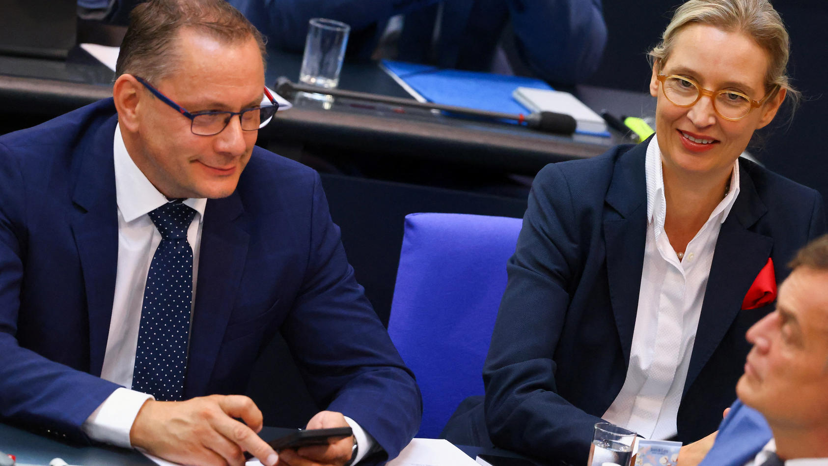 AfD party co-leaders Tino Chrupalla and Alice Weidel attend a session of the lower house of parliament Bundestag, at the Reichstag building in Berlin, Germany July 7, 2023. REUTERS/Fabrizio Bensch