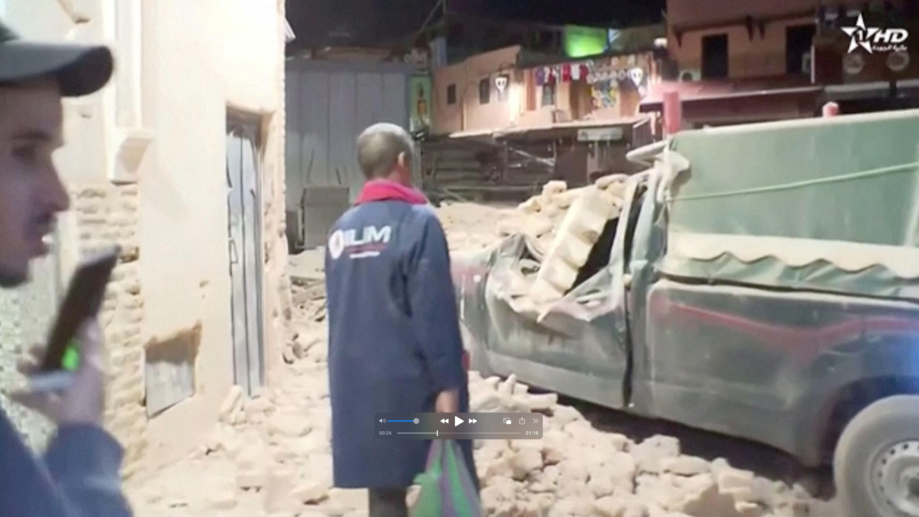 View of rubble from the earthquake in Marrakech, Morocco September 9, 2023 in this screen grab taken from a video.  Al Oula TV/Handout via REUTERS    THIS IMAGE HAS BEEN SUPPLIED BY A THIRD PARTY.  NO RESALES. NO ARCHIVES. MANDATORY CREDIT. MOROCCO O