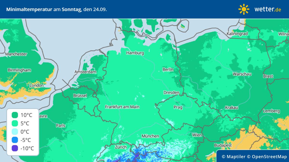 Die Grafik zeigt die Tiefstwerte in der Nacht zu Sonntag