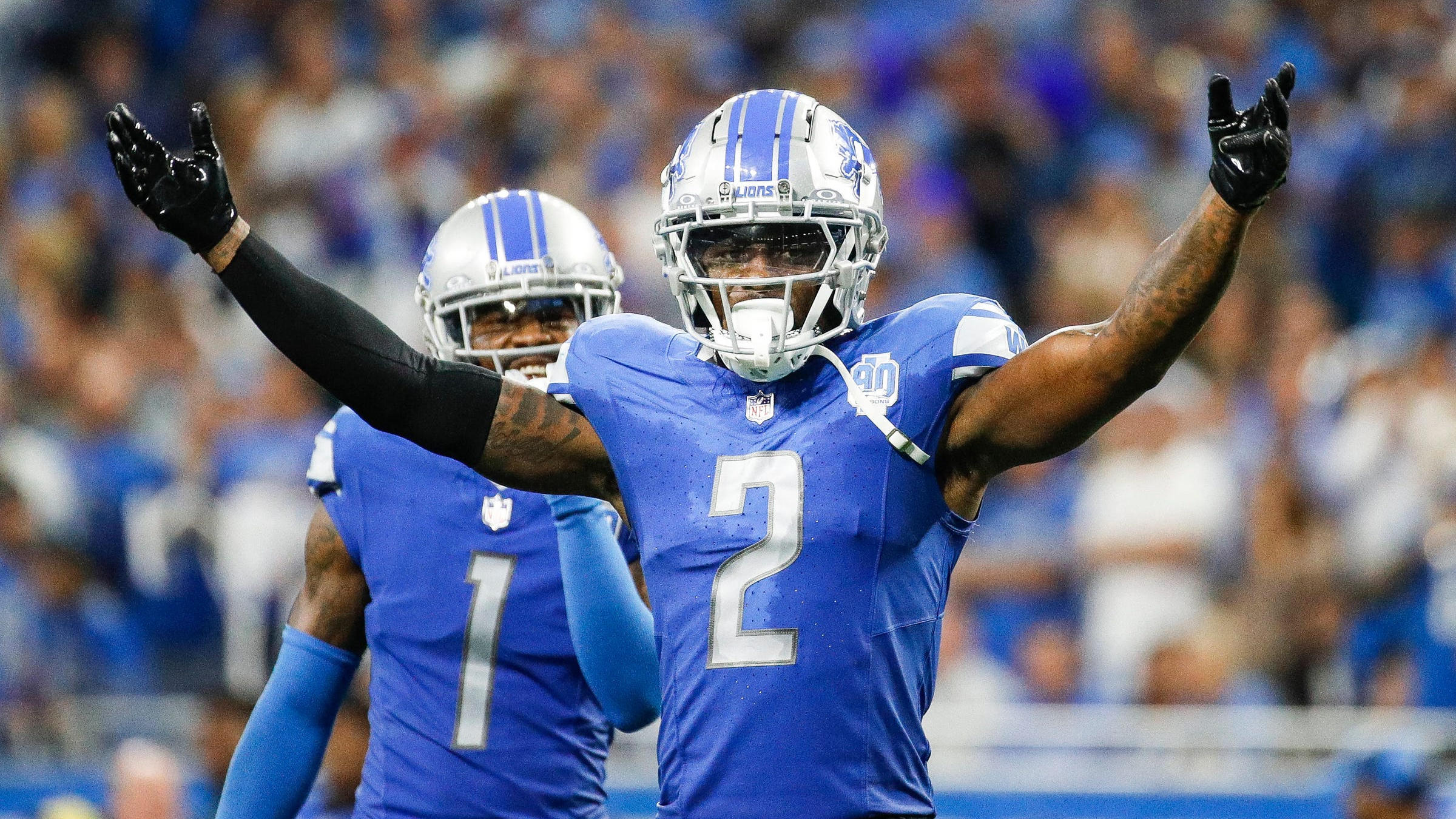 Sep 17, 2023; Detroit, Michigan, USA; Detroit Lions safety C.J. Gardner-Johnson (2) waves at the crowd during the second half against Seattle Seahawks at Ford Field. Mandatory Credit: Junfu Han-USA TODAY Sports