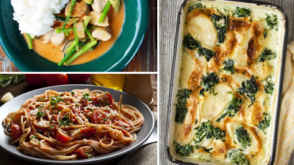 Curry, Spaghetti und Kartoffelgratin: Drei Mahlzeiten eines Wochenplans.