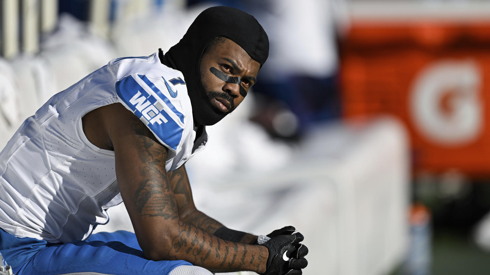 FILE - Detroit Lions cornerback Cameron Sutton (1) looks on from the sideline during the second half of an NFL football game against the Baltimore Ravens, Oct. 22, 2023, in Baltimore. A Florida sheriff's department on Wednesday, March 20, 2024, said 