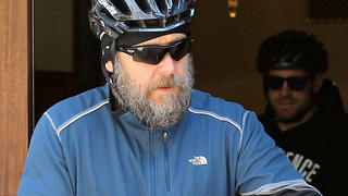 Russell Crowe seen leaving his hotel on a bicycle in New York City, USA. 