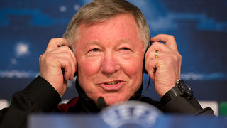 MADRID, SPAIN - FEBRUARY 12:  Sir Alex Ferguson, manager of Manchester United, holds on to his headphones as he speaks to the media during a press conference ahead of the UEFA Champions League match between Real Madrid CF and Manchester United at the Valdebebas training ground on February 12, 2013 in Madrid, Spain.  (Photo by Jasper Juinen/Getty Images)