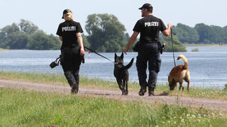 Polizisten mit Hunden gehen am 08.06.2013 bei steigendem Pegelstand der Elbe Streife auf einem Deich in Dömitz (Mecklenburg-Vorpommern). Das Betreten der Deiche ist wegen des Hochwassers verboten und kann mit Bußgeld geahndet werden. Foto: Bodo Marks/dpa +++(c) dpa - Bildfunk+++