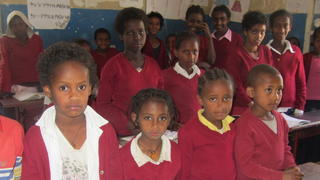 Schülerinnen stehen am 12.02.2014 mit ihren Heften hinter einem Tisch in einer Schule in Addis Abeba, Äthiopien. Die Weltgemeinschaft hinkt dem Millenniumsentwicklungsziel, bis 2015 eine Primärschulbildung für alle Kinder zu erreichen, deutlich hinterher. Besonders betroffen ist Afrika.   Foto: Carola Frentzen/dpa   (zu dpa «Unesco: 250 Millionen Kinder können nicht lesen und schreiben» vom 29.01.2014) +++(c) dpa - Bildfunk+++