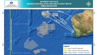 epa04162872 A handout image released by the Australian Maritime Safety Authority (AMSA) in Canberra, Australia, 11 April 2014 shows the current planned search area along the old ones in the Indian Ocean, West of Australia, for the wreckage of flight MH370 on 11 April 2014. According to media reports on 11 April 2014 the search of MH370 narrowed to a specific remote patch of the Indian Ocean after logging of fresh signals. Searchers out in the Indian Ocean believe they are close to the 'final resting place' of the lost Malaysia Airlines jet. The Boeing 777 went missing a month ago on a flight from Kuala Lumpur to Beijing with 239 people on board. EPA/AMSA HANDOUT EDITORIAL USE ONLY/NO SALES +++(c) dpa - Bildfunk+++