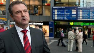 Der Vorsitzende der Gewerkschaft der Lokführer (GdL), Claus Weselsky, gibt am 01.09.2014 auf dem Hauptbahnhof in Berlin Interviews zum Warnstreik der GdL. Foto: Soeren Stache/dpa +++(c) dpa - Bildfunk+++