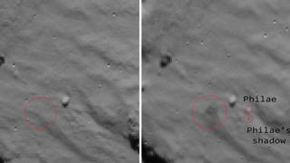HANDOUT - These animated images provide strong evidence that Rosetta?s Philae lander touched down for the first time almost precisely where intended. The animation comprises images recorded by Rosetta?s navigation camera as the orbiter flew over the (intended) Philae landing site on 12 November.The images were taken at 15:30:32 GMT and 15:35:32 GMT, while first touchdown was at 15:34:06 GMT, between the timestamps of the two images.The first image is thus 3 min 34 sec before touchdown. At this time, Philae was about 250 m above the surface. The second image is 1 min 26 seconds after first touchdown.The touchdown is seen as a dark area in the second image, which is considered a strong indication that the lander touched down at this spot (possibly raising dust). The third image in the sequence is the same as the second, with the likely position of Philae and its shadow highlighted.The images were taken from about 15 km above the surface, giving an approximate scale of 1.3 m per pixel. (ACHTUNG: Verwendung nur zu redaktionellen Zwecken und nur mit dem Hinweis auf die Quelle: ESA/Rosetta/NavCam ? CC BY-SA IGO 3.0  -  nur s/w) +++(c) dpa - Bildfunk+++