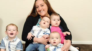 Supermum Sarah Ward of Slade Green, Kent,  spends her first Mothers day with her instant family.Sarah with her eldest son Freddie ( front left) and then triplets Stanley, Daisy and Reggie.Picture: photo-features.co.ukMobile: 07966 967672email: jeremy@durkinphotoservices.com41 Boat Dyke RdUptonNorwichNorfolkNR13 6BL