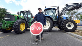 Französische Bauern blockieren am 27.07.2015 die Rheinbrücke zwischen Kehl (Baden-Württemberg) und Straßburg (Elsass) mit Traktoren. Sie kontrollieren dabei die Ladung von Lastwagen nach Agrarprodukten, die nach Frankreich fahren wollen. Seit Tagen protestieren Bauern in Frankreich gegen sinkende Preise für ihre Produkte. Foto: Uli Deck/dpa +++(c) dpa - Bildfunk+++