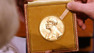 ARCHIV - Die Medaille mit dem Konterfei von Alfred Nobel wird am 10.12.2007 vor Beginn der feierlichen Zeremonie im Konzerthaus in Stockholm gezeigt. Foto: Kay Nietfeld/dpa (zu dpa «Friedensnobelpreis wird verkündet - Merkel ist Kandidatin» vom 09.10.2015) +++(c) dpa - Bildfunk+++