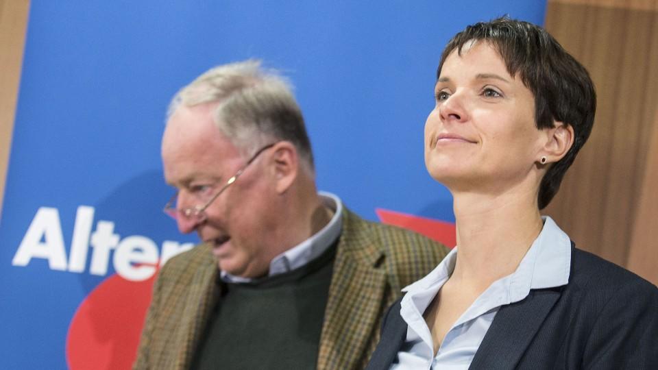 Alexander Gauland und Frauke Petry der AfD äußern sich bei einer Pressekonferenz zur Flüchtlingskrise.