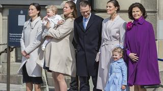 (L-R) Sofia Hellqvist, fiancee of Prince Carl Philip of Sweden, Princess Leonore, Princess Madeleine, Prince Daniel, Crown Princess Victoria, Princess Estelle and Queen Silvia are pictured during the celebration of the King Carl GustafÂ´s 69th birthday at the court yard of the Royal Palace in Stockholm, April 30, 2015. AFP PHOTO / TT NEWS AGENCY / JONAS EKSTROMER +++ SWEDEN OUT        (Photo credit should read JONAS EKSTROMER/AFP/Getty Images)