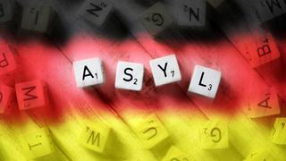 Buchstabenwürfel formen das Wort Asyl auf deutschen Nationalfarben | Verwendung weltweit