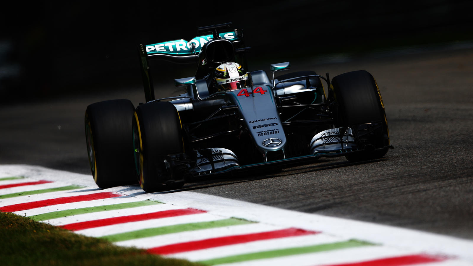 MONZA, ITALY - SEPTEMBER 02: Lewis Hamilton of Great Britain driving the (44) Mercedes AMG Petronas F1 Team Mercedes F1 WO7 Mercedes PU106C Hybrid turbo on track during practice for the Formula One Grand Prix of Italy at Autodromo di Monza on Septemb