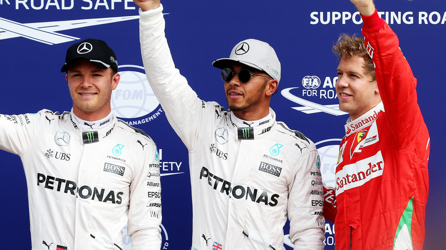 Die ersten Drei des Qualifyings in Monza (v.l.): Nico Rosberg (2.), Lewis Hamilton (1.) und Sebastian Vettel (3.)