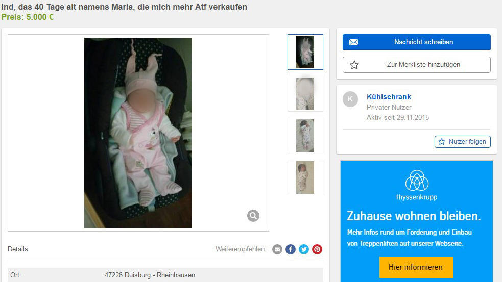 HANDOUT - Auf einem Bildschirm ist am 13.10.2016 in Düsseldorf (Nordrhein-Westfalen) eine Ebay-Kleinanzeige zu sehen. Weil ein Baby in einer Ebay-Kleinanzeige für 5000 Euro zum Verkauf angeboten wurde, hat in Duisburg die Polizei eingegriffen. Foto: 